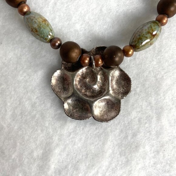 Sterling Silver 925 Floral Flower Bronze Green Glass Beaded Necklace 19.5" - Picture 8 of 16